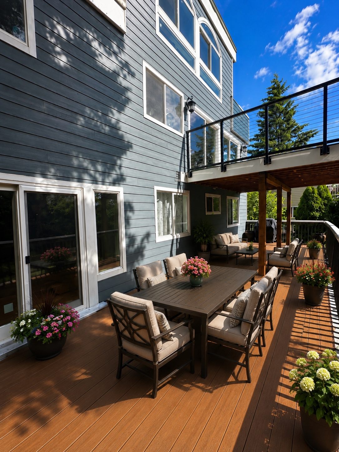 Outdoor deck and patio seating area for residents and family visits at Life Worth Living Adult Family Home